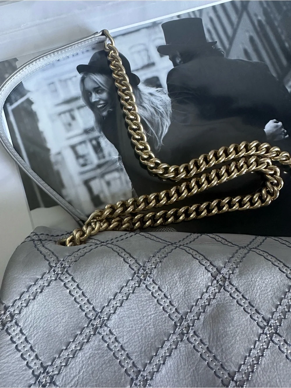 CHANEL Quilted Lambskin Shoulder Bag in Light Gray with Gold Hardware